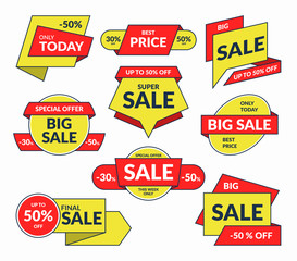 Sale badges, promo labels, special offer tags, discount banners, best price sale stickers set. Vector illustration