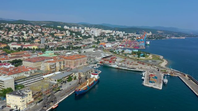 RIJEKA, CROATIA - MAY, 2019: Aerial view drone shot of Rijeka city on Adriatic Sea shore. City from above.