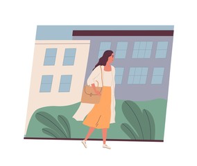 Cute smiling young woman going to work. Happy female character walking on city street. Morning activity of clerk or office worker. Start of day. Colorful vector illustration in flat cartoon style.
