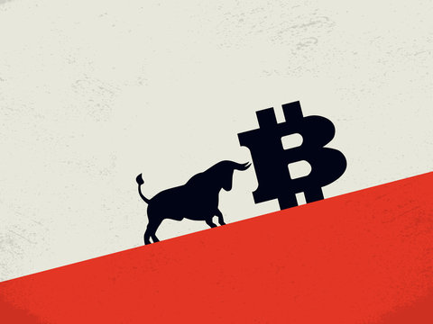 Bitcoin bearish market vector concept with bull pushing bitcoin up to growth. Symbol of financial investment in cryptocurrency, blockchain trading. Buying btc, value rise.