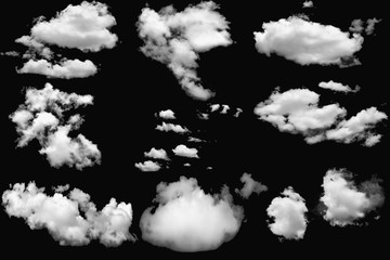 Set of clouds white  on isolated elements black background.