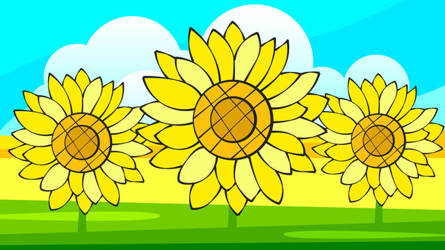 Border With Sunflowers Bouquet And Wild Flower. Vector