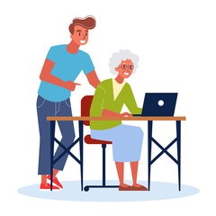 Old woman sitting at the desk and learning to use computer