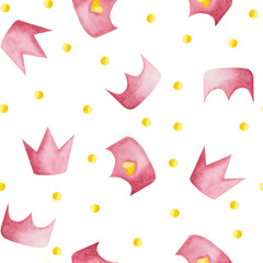 Watercolor pattern with pink and yellow crowns on a white background. Ideal for cards and invitations.