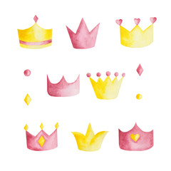  Watercolor set with pink and yellow crowns on white background. Ideal for cards and invitations.