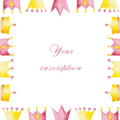  Watercolor set with pink and yellow crowns on white background. Ideal for cards and invitations.