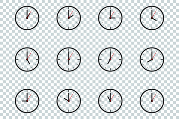 Clock flat icon design template isolated illustration on transparent background, Black, White and red clock icon vector illustration.