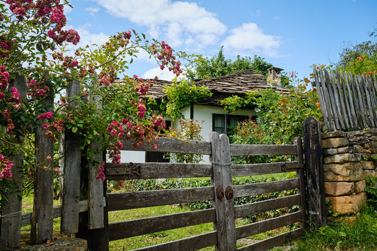 Garen gate of rural Bulgarian cottage with climbing roses .