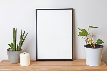 Blank frame mock-up in the wooden shelf with green plants