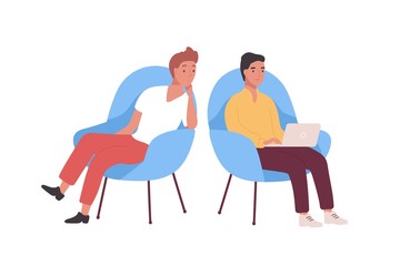 Pair of smiling employees, businessmen or office workers sitting in armchairs and working on laptop computer. Business meeting of two colleagues or clerks. Flat cartoon colorful vector illustration.