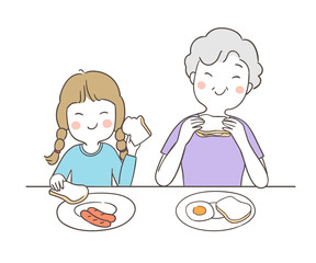 Draw happy girl and grandmother eat breakfast together.