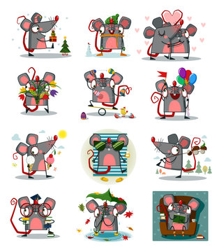  illustartions of rats for each month. Year of the rat. 