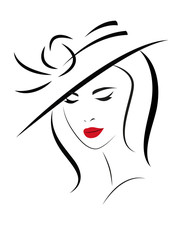 Woman with long hair in hat. 