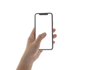 close up hand hold phone isolated on white, mock-up smartphone white color blank screen