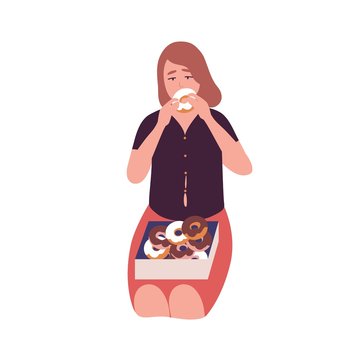 Sad young woman eating donuts. Concept of binge eating disorder, food addiction, overeating. Mental illness, behavioral problem, psychiatric condition. Flat cartoon colorful vector illustration.