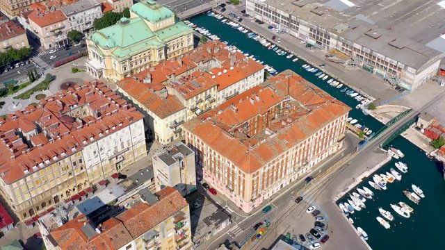 RIJEKA, CROATIA - MAY, 2019: Aerial view drone shot of Rijeka city on Adriatic Sea shore. City from above.