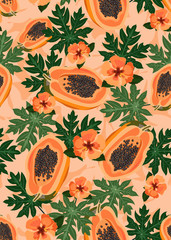 Papaya fruits seamless pattern on pastel orange background with leaves and orange hibiscus flower, Fresh organic food, Tropical fruit vector illustration.