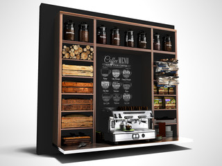 Concept coffee shelf with glass jars with coffee coffee machine tea for sale coffee 3d render on gray background with shadow