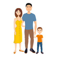 Fototapeta premium Mom, dad and son isolated on white background. Happy family with child. Vector illustration of man, woman and little boy.
