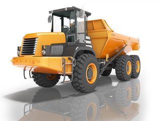 Construction equipment orange dump trucks with articulated frame isolated 3d render on white background with shadow