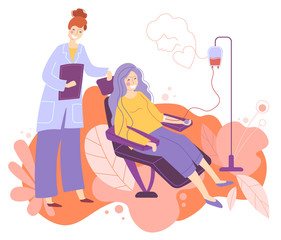 Doctor or nurse with a young female patient undergoing a blood transfusion at a clinic or hospital in a cartoon vector illustration. Cartoon Flat Vector Illustration