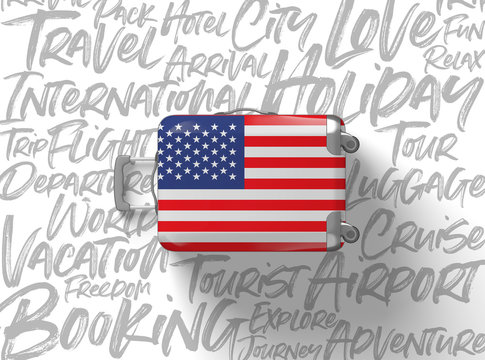 USA flag suitcase travel background. 3D Render