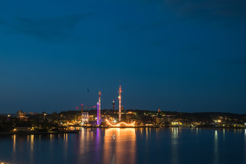 Long exposure shot of a funfair at night