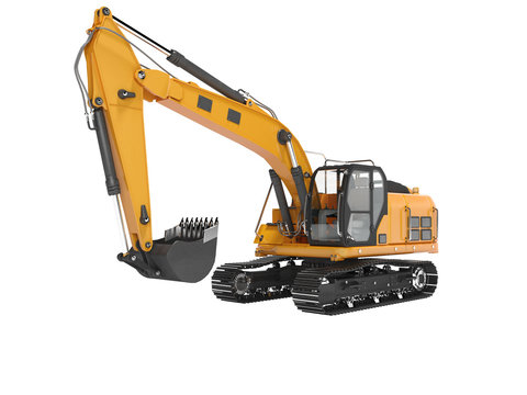 Construction equipment one bucket excavator with hydraulic mechpatoy on metal driven tracked 3d render on white background no shadow