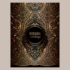 Wedding invitation card with black and gold shiny eastern and baroque rich foliage. Ornate islamic background for your design. Islam, Arabic, Indian, Dubai.