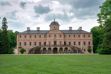 Obraz premium View on Schloss Favorite Rastatt castle and garden in Rastatt, Germany on a rainy day