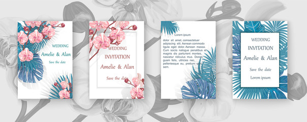 Wedding invitation with coral flowers orchid and palm leaves , watercolor. Vector Watercolour. © O.Yu