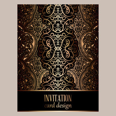 Wedding invitation card with black and gold shiny eastern and baroque rich foliage. Ornate islamic background for your design. Islam, Arabic, Indian, Dubai.