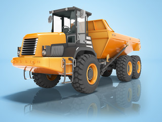 Construction equipment orange dump trucks with articulated frame isolated 3d render on blue background with shadow