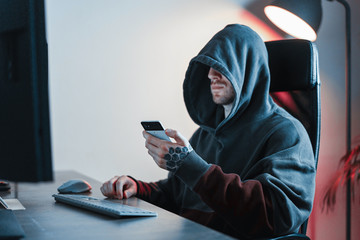 Hacker working on PC. Modern working place of designer, painter, freelancer.