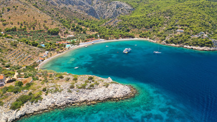 Obraz na płótnie Canvas Aerial drone photo of small bay of Molos in picturesque island of Ydra or Hydra, Saronic gulf, Greece
