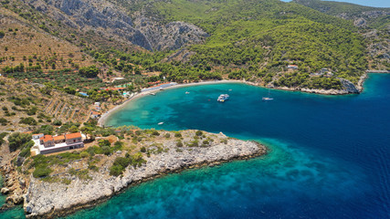 Fototapeta na wymiar Aerial drone photo of small bay of Molos in picturesque island of Ydra or Hydra, Saronic gulf, Greece