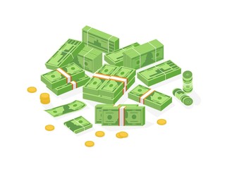 Collection of isometric cash money or currency. Set of Dollar bills or banknotes in packs, rolls and bundles and cent coins isolated on white background. Colorful isometric vector illustration.