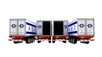 Concept of importing goods from Israel by open trailers dump trucks 3d render on white background no shadow