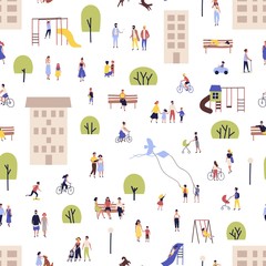 Seamless pattern with men and women walking, riding bikes, sitting on bench in city suburbs, outskirts. Backdrop with people performing outdoor activities on street. Flat cartoon vector illustration. © Good Studio