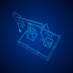 Oil well rig jack. Finance economy polygonal petrol production. Petroleum fuel industry pumpjack derricks pumping drilling. Wireframe low poly mesh vector illustration