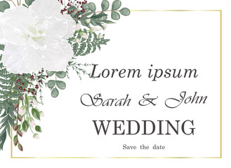Wedding invitation with flowers and leaves, watercolor, isolated on white. Vector Watercolour.