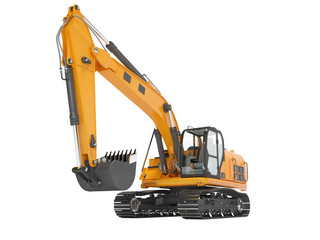 Orange single bucket excavator with hydraulic mechpatoy on metal driven track 3D render on white background no shadow - obrazy, fototapety, plakaty
