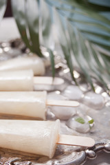 Homemade melon popsicles with ice against a vintage metal tray background