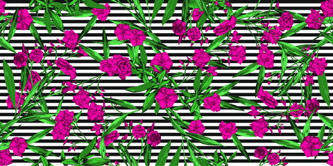 Summer tropical floral pattern over black and white stripes background - Pink, green, black and white seamless pattern for textiles, backdrops, paper - vector