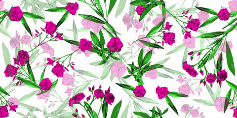 Summer cheerful floral seamless pattern wallpaper- adelfa hot pink and green flowers over light white background - Vector