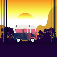 van travel on the road near the beach and mountain. forest and mountains on the background. Adventures in nature. vector illustration.