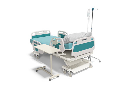 Concept hospital bed semi automatic with dropper 3d render on white background with shadow