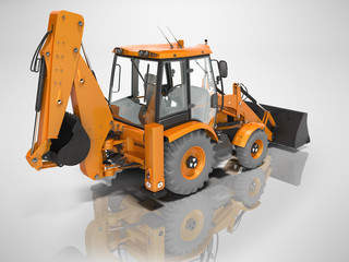 Construction equipment excavator loader with bucket at the base of the tractor rear view 3d render on gray background without shadow