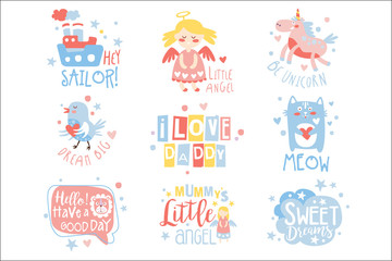 Baby Nursery Room Print Design Templates Set In Cute Girly Manner With Text Messages