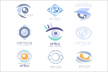 Kids Optics Clinic And Ophthalmology Cabinet Set Of Label Templates In Different Creative Styles And Light Blue Shades